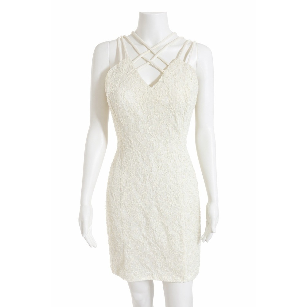 Ivory Lace Bodycon Dress Womens XL Strappy Criss Cross Back Formal Chic